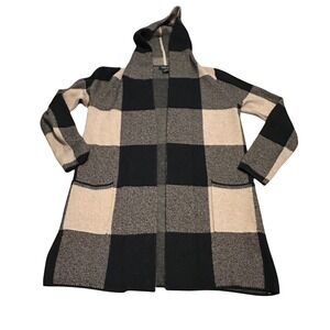 Rachel Zoe Plaid Hooded Cardigan Sweater Women Med Black Beige Open Front READ